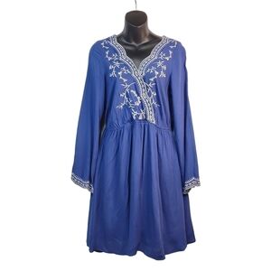 Hailey & Co. Women's Blue Embroidered V-Neck Longsleeve Boho Dress Size M NWT